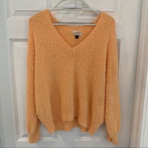 Women's V-Neck Pullover Sweater- Light Orange